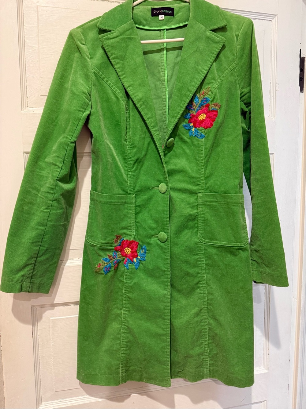 Green Embroidered Corduroy Trench Coat